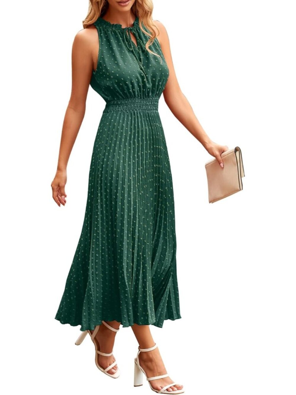 Women's Dark Green Midi Summer Dresses Casual V Neck Swiss Dot Ruffle Sleeveless